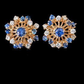 Vintage Diamonds Sapphires 14k Yellow Gold Starburst Earrings Stud Estate Gift 