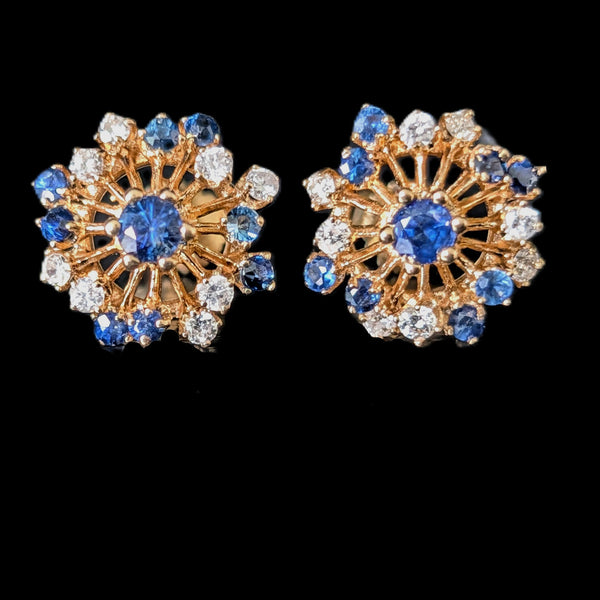 Vintage Diamonds Sapphires 14k Yellow Gold Starburst Earrings Stud Estate Gift 
