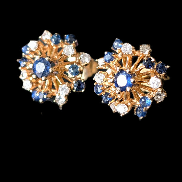 Vintage Diamonds Sapphires 14k Yellow Gold Starburst Earrings Stud Estate Gift 