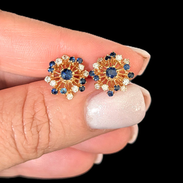Vintage Diamonds Sapphires 14k Yellow Gold Starburst Earrings Stud Estate Gift 