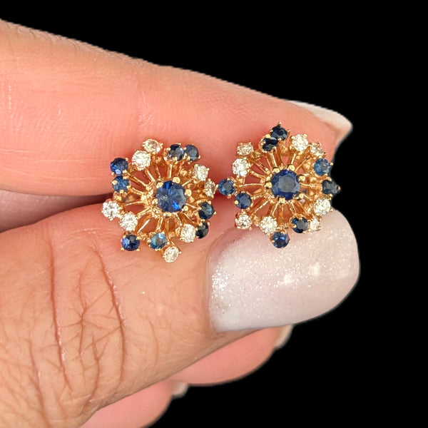 Vintage Diamonds Sapphires 14k Yellow Gold Starburst Earrings Stud Estate Gift 