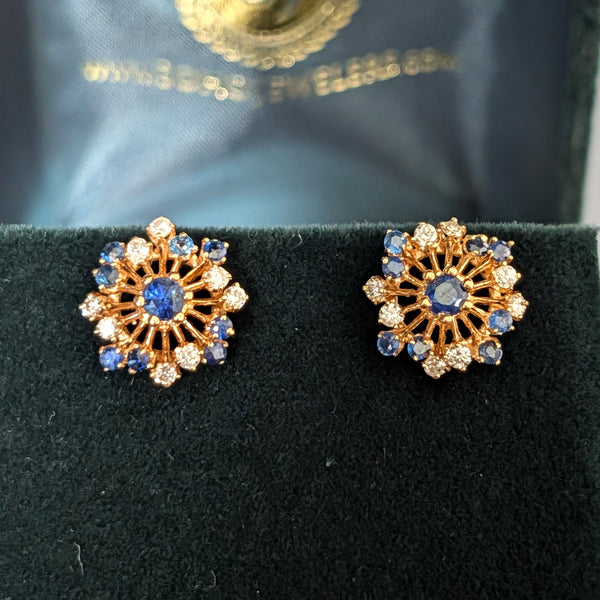 Vintage Diamonds Sapphires 14k Yellow Gold Starburst Earrings Stud Estate Gift 