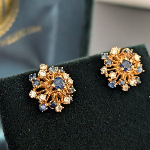 Vintage Diamonds Sapphires 14k Yellow Gold Starburst Earrings Stud Estate Gift 