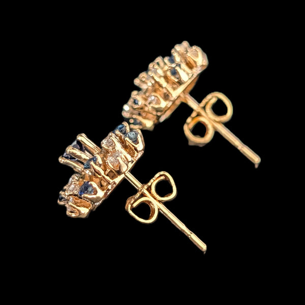 Vintage Diamonds Sapphires 14k Yellow Gold Starburst Earrings Stud Estate Gift 