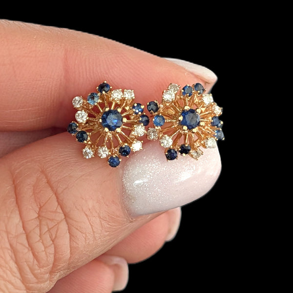 Vintage Diamonds Sapphires 14k Yellow Gold Starburst Earrings Stud Estate Gift 