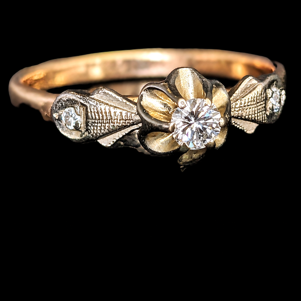 Vintage Diamond 14k Multi Tone Gold Ring Sweetheart Mount Engagement Ukraine Soviet