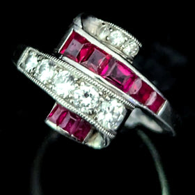 J.&L. HATZBERG 1940s Retro Era Diamond Ruby Platinum Ring Cocktail Vintage Gift