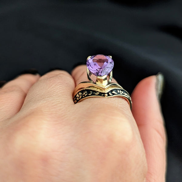 KABANA Vintage Pear Cut Amethyst Enamel 10k Yellow Gold Cocktail Ring Floral