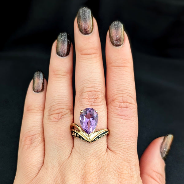 KABANA Vintage Pear Cut Amethyst Enamel 10k Yellow Gold Cocktail Ring Floral