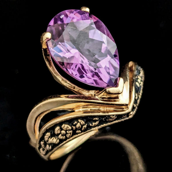 KABANA Vintage Pear Cut Amethyst Enamel 10k Yellow Gold Cocktail Ring Floral