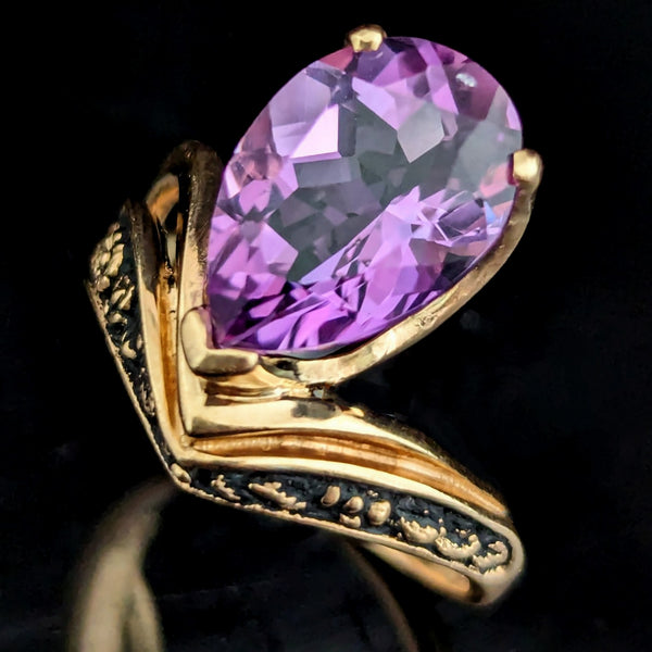 KABANA Vintage Pear Cut Amethyst Enamel 10k Yellow Gold Cocktail Ring Floral