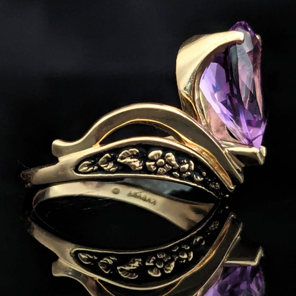 KABANA Vintage Pear Cut Amethyst Enamel 10k Yellow Gold Cocktail Ring Floral