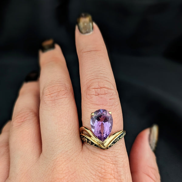 KABANA Vintage Pear Cut Amethyst Enamel 10k Yellow Gold Cocktail Ring Floral