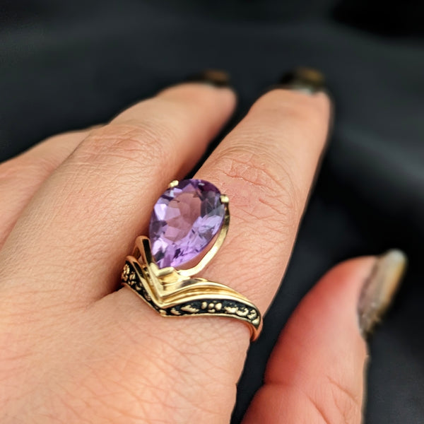 KABANA Vintage Pear Cut Amethyst Enamel 10k Yellow Gold Cocktail Ring Floral