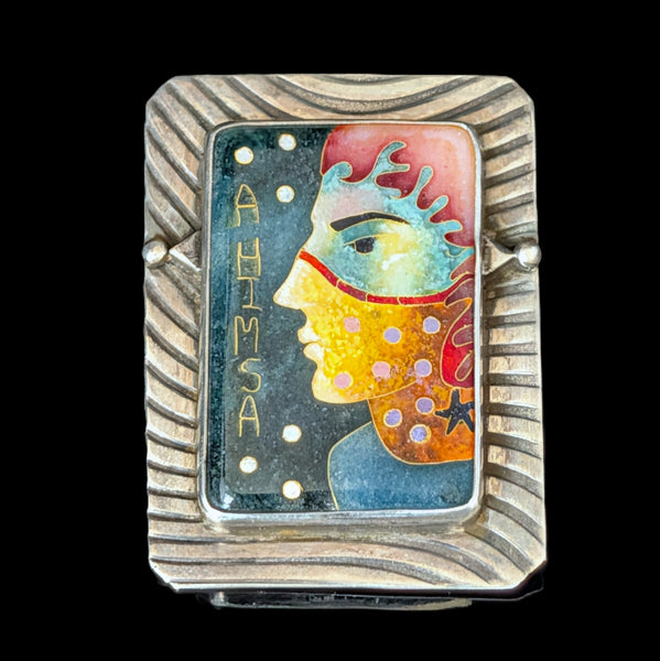 LINDA LUNDELL Ahimsa Pendant 24K Gold & Sterling Cloisonné Enamel Rare Signed 