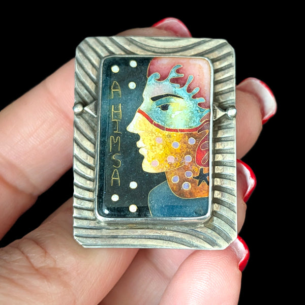 LINDA LUNDELL Ahimsa Pendant 24K Gold & Sterling Cloisonné Enamel Rare Signed 