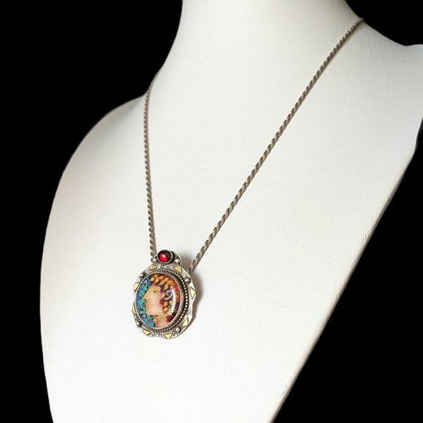 LINDA LUNDELL Pan Pendant 18K Gold Sterling Silver Cloisonne Enamel Garnet Signed