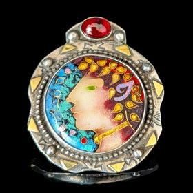 LINDA LUNDELL Pan Pendant 18K Gold Sterling Silver Cloisonne Enamel Garnet Signed