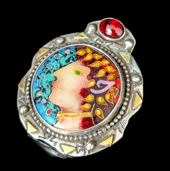 LINDA LUNDELL Pan Pendant 18K Gold Sterling Silver Cloisonne Enamel Garnet Signed