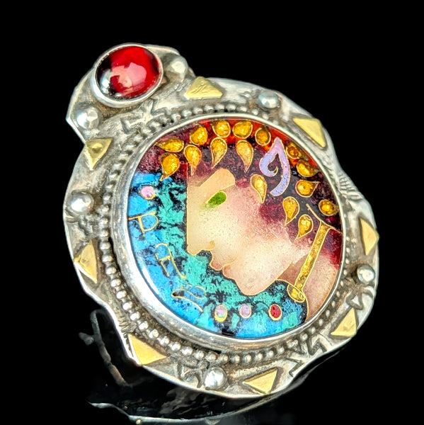 LINDA LUNDELL Pan Pendant 18K Gold Sterling Silver Cloisonne Enamel Garnet Signed