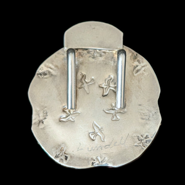 LINDA LUNDELL Pan Pendant 18K Gold Sterling Silver Cloisonne Enamel Garnet Signed