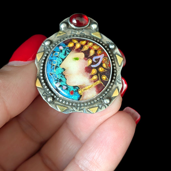 LINDA LUNDELL Pan Pendant 18K Gold Sterling Silver Cloisonne Enamel Garnet Signed