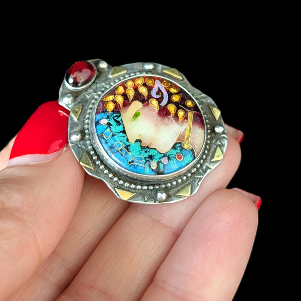 LINDA LUNDELL Pan Pendant 18K Gold Sterling Silver Cloisonne Enamel Garnet Signed