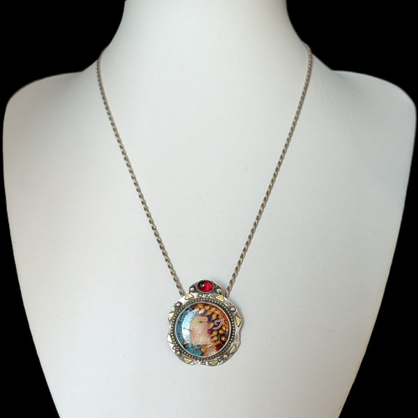 LINDA LUNDELL Pan Pendant 18K Gold Sterling Silver Cloisonne Enamel Garnet Signed