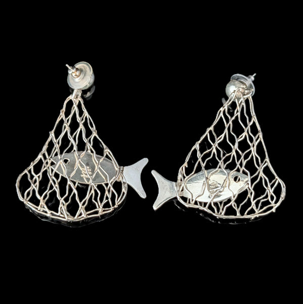 Large Vintage CARSI Moving Articulated Fish Net Sterling Silver Earrings Fishing 