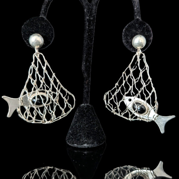 Large Vintage CARSI Moving Articulated Fish Net Sterling Silver Earrings Fishing 
