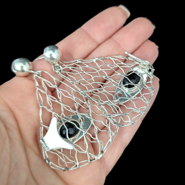 Large Vintage CARSI Moving Articulated Fish Net Sterling Silver Earrings Fishing 