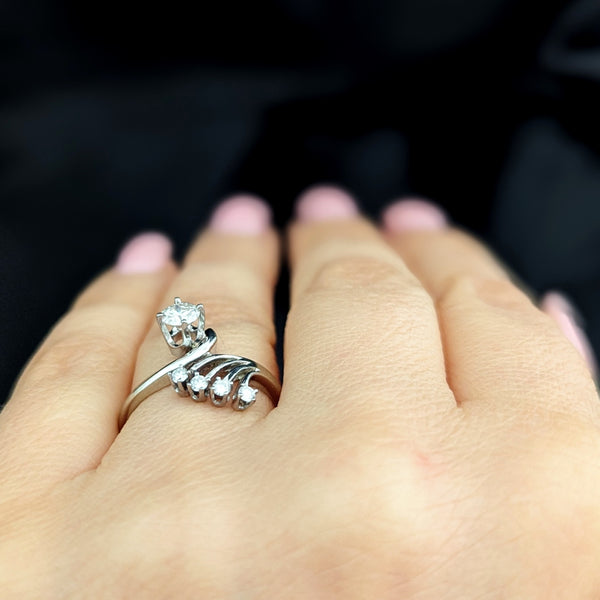 LeBolt &Co Art Deco Diamonds 14k White Gold Dinner Ring Fan Design Vintage 1930s 