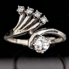 LeBolt &Co Art Deco Diamonds 14k White Gold Dinner Ring Fan Design Vintage 1930s 