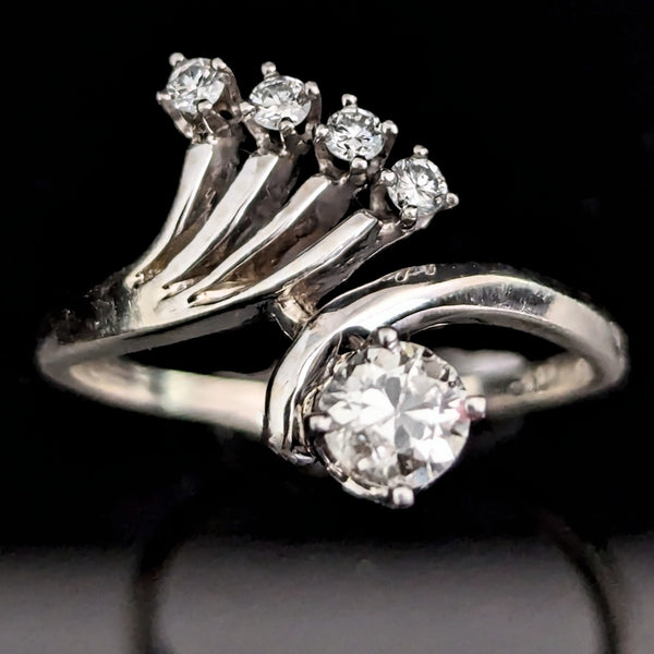 LeBolt &Co Art Deco Diamonds 14k White Gold Dinner Ring Fan Design Vintage 1930s 