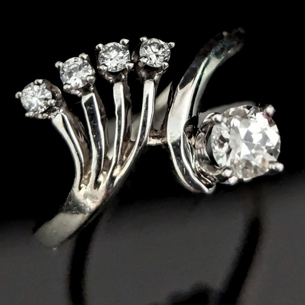 LeBolt &Co Art Deco Diamonds 14k White Gold Dinner Ring Fan Design Vintage 1930s 