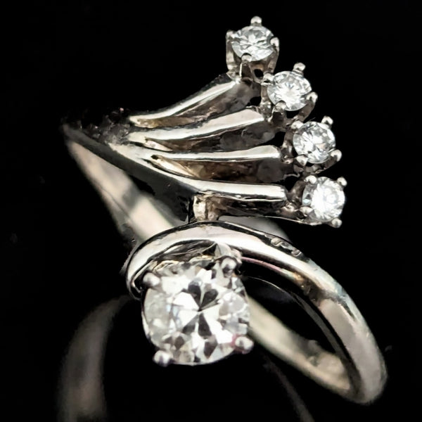 LeBolt &Co Art Deco Diamonds 14k White Gold Dinner Ring Fan Design Vintage 1930s 