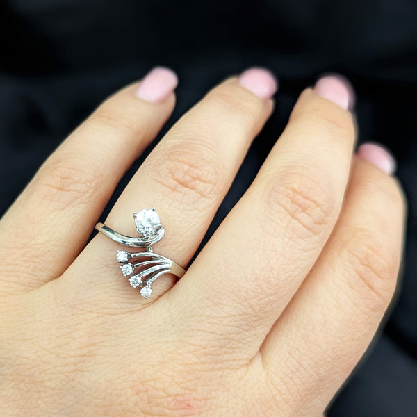 LeBolt &Co Art Deco Diamonds 14k White Gold Dinner Ring Fan Design Vintage 1930s 