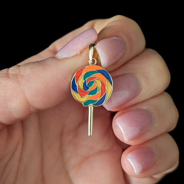 Lollipop 14k Yellow Gold Enamel Pendant Colorful Candy Charm 3D Estate Fun Gift