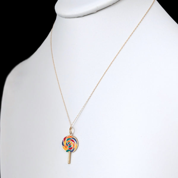 Lollipop 14k Yellow Gold Enamel Pendant Colorful Candy Charm 3D Estate Fun Gift on chain on white mannequen