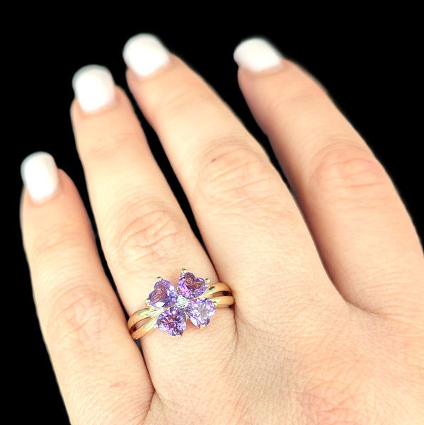MICHELLE ALBALA Diamond Amethyst 14K Yellow Gold Estate Lucky Clover Ring Gift