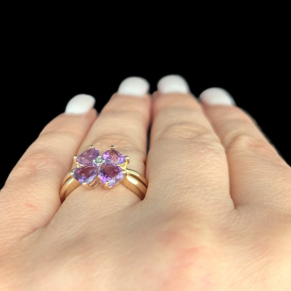 MICHELLE ALBALA Diamond Amethyst 14K Yellow Gold Estate Lucky Clover Ring Gift