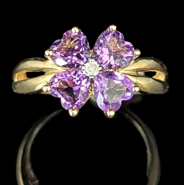 MICHELLE ALBALA Diamond Amethyst 14K Yellow Gold Estate Lucky Clover Ring Gift