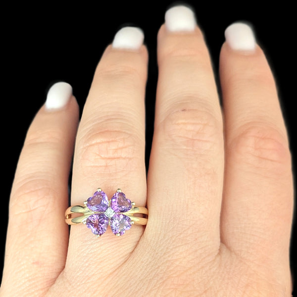 MICHELLE ALBALA Diamond Amethyst 14K Yellow Gold Estate Lucky Clover Ring Gift