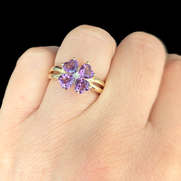 MICHELLE ALBALA Diamond Amethyst 14K Yellow Gold Estate Lucky Clover Ring Gift
