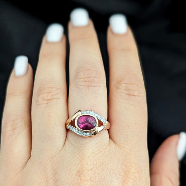 MICHELLE ALBALA Estate Garnet Diamonds 14k Yellow Gold Cocktail Ring Gift