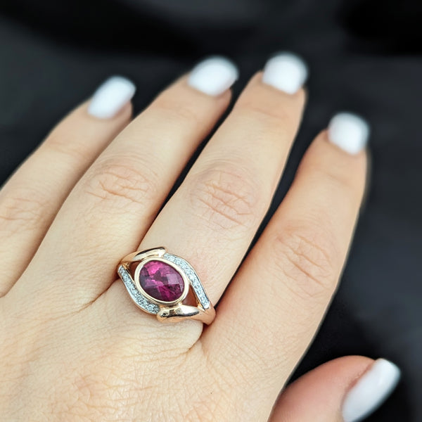 MICHELLE ALBALA Estate Garnet Diamonds 14k Yellow Gold Cocktail Ring Gift