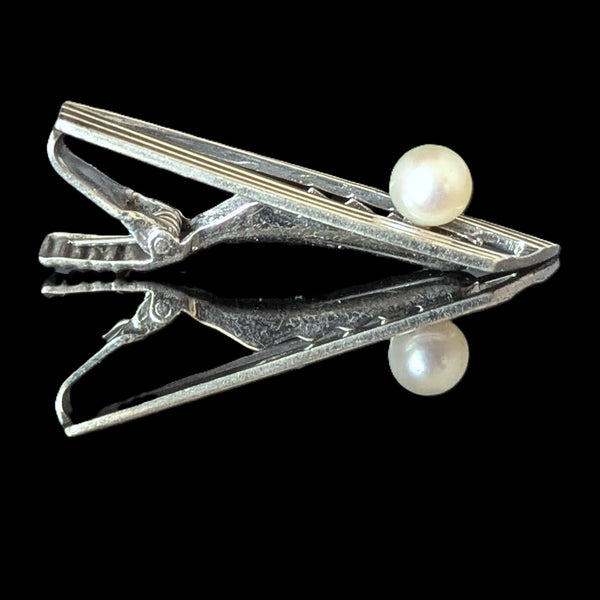 1960s MIKIMOTO Vintage Men's Tie Clip 7mm Pearl Sterling Silver Luxury Akoya