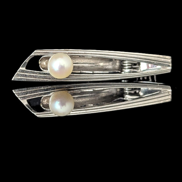 1960s MIKIMOTO Vintage Men's Tie Clip 7mm Pearl Sterling Silver Luxury Akoya