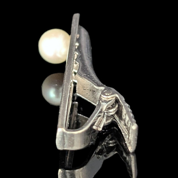 1960s MIKIMOTO Vintage Men's Tie Clip 7mm Pearl Sterling Silver Luxury Akoya