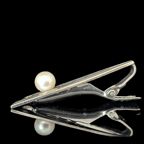 1960s MIKIMOTO Vintage Men's Tie Clip 7mm Pearl Sterling Silver Luxury Akoya